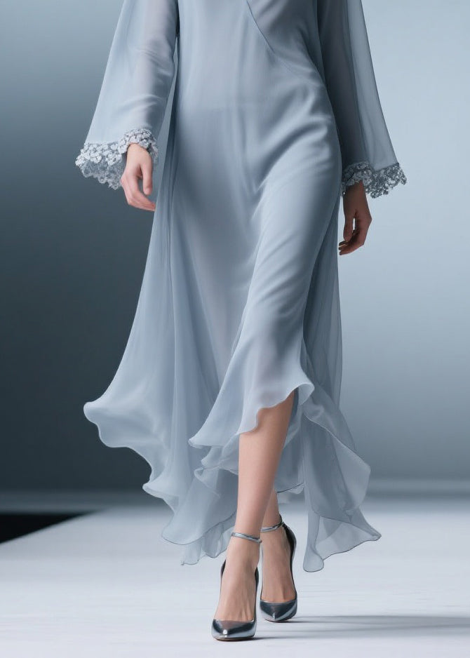 Surplice V-Neck Lace Cuff Bell Sleeve Handkerchief Hem Chiffon Midi Dress 4