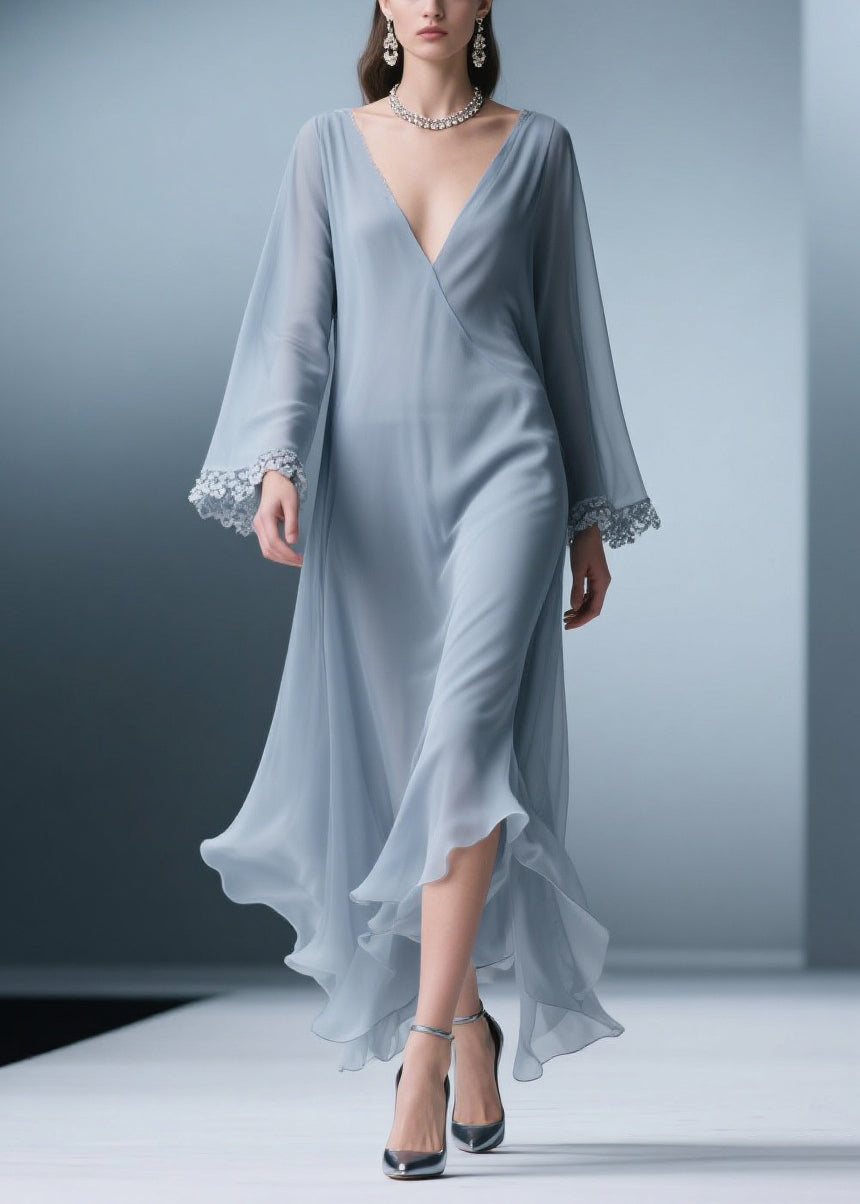 Surplice V-Neck Lace Cuff Bell Sleeve Handkerchief Hem Chiffon Midi Dress 5
