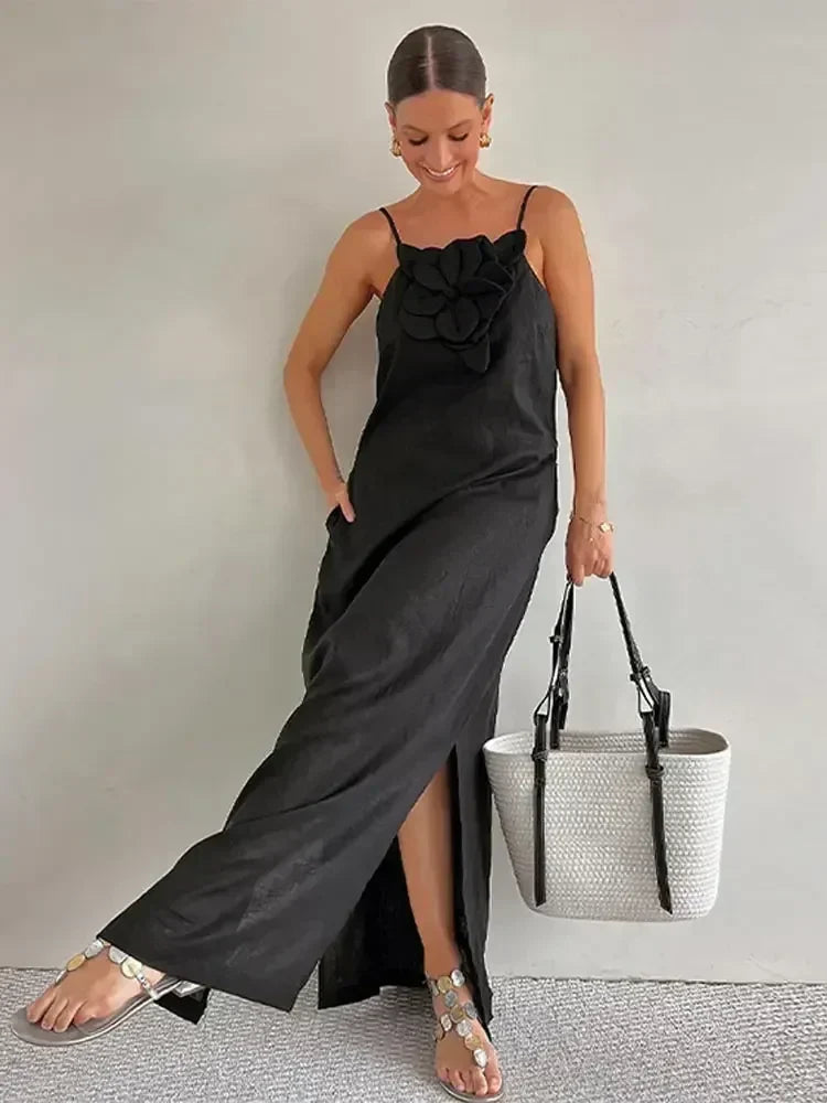 3D Flower Spaghetti Strap High Slit Maxi Dress