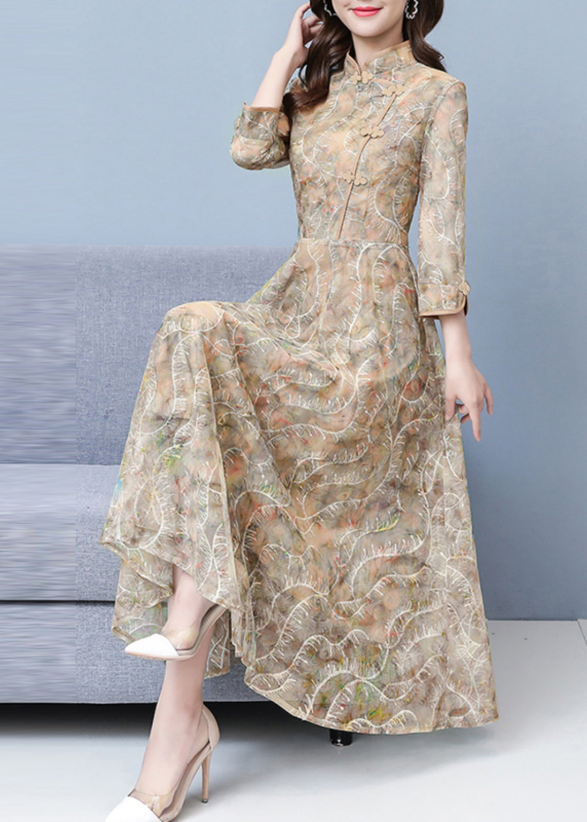 Mandarin Collar Frog Button Embroidered Mesh A-Line Maxi Dress