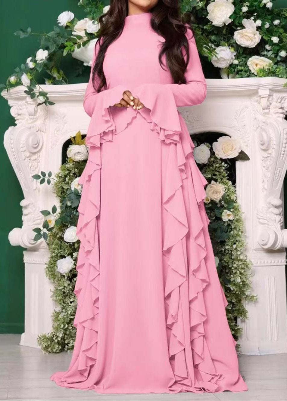 Mock Neck Flared Cuff Cascading Side Ruffle Maxi Gown