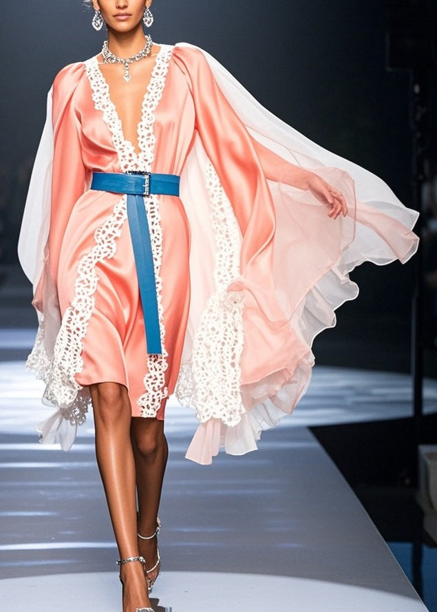Deep V-Neck Lace Trim Cape Sleeve Satin Knee-Length Dress 3