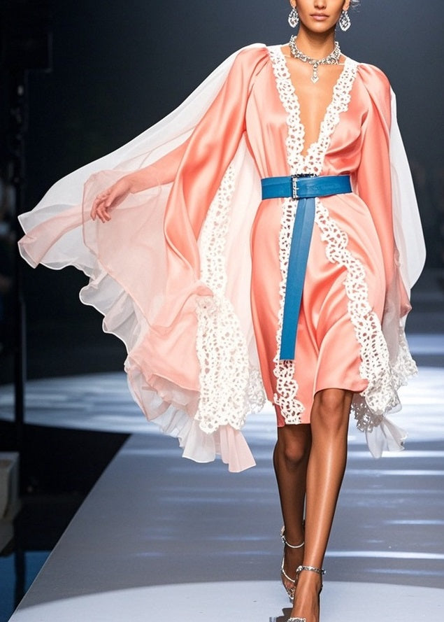 Deep V-Neck Lace Trim Cape Sleeve Satin Knee-Length Dress 5