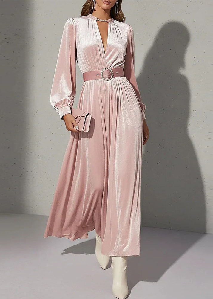 Choker Keyhole V-Neck Rhinestone Buckle Belted Pleated Velvet Maxi Gown