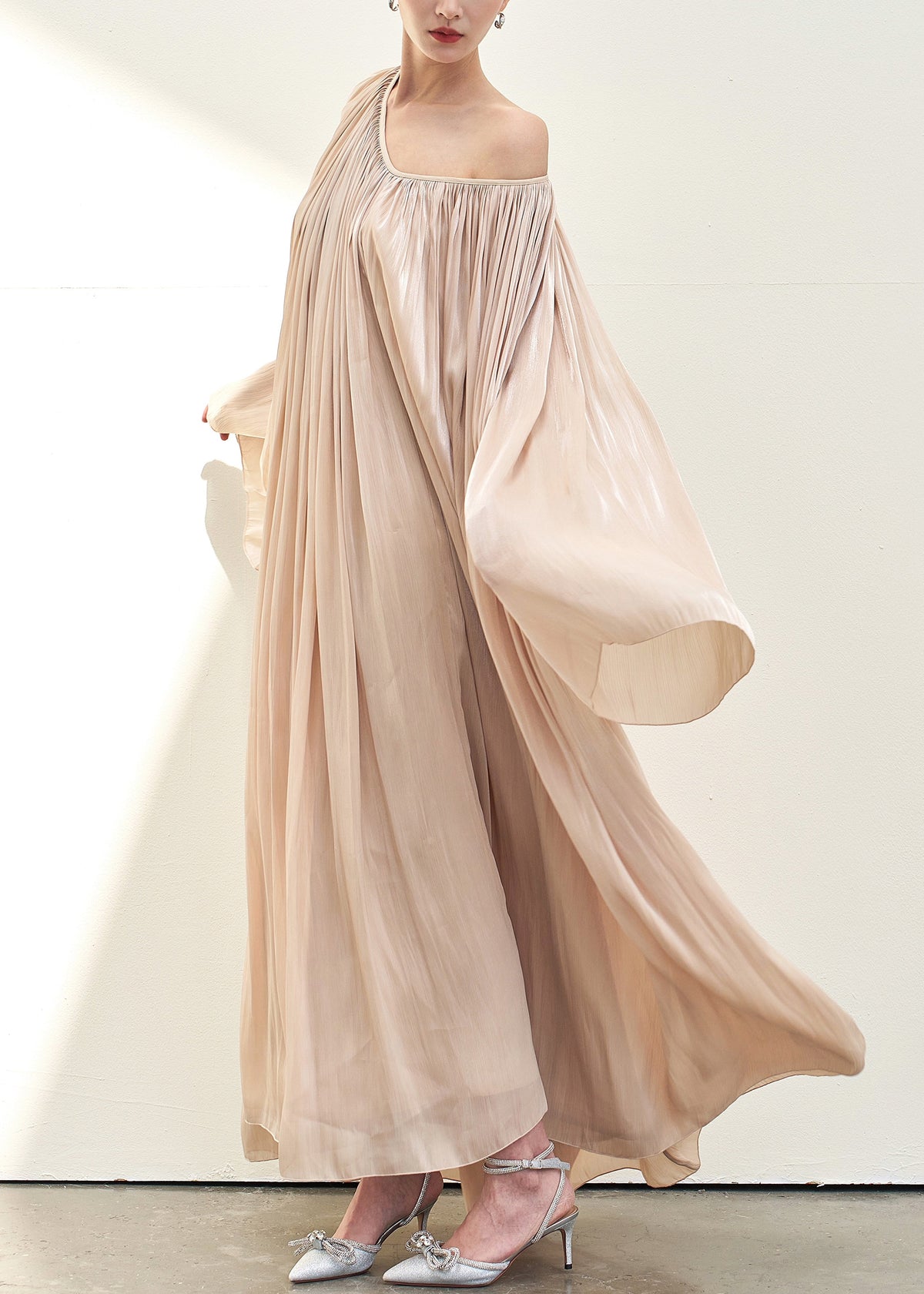 One Shoulder Pleated Wide Sleeve Floor-Length Maxi Dress