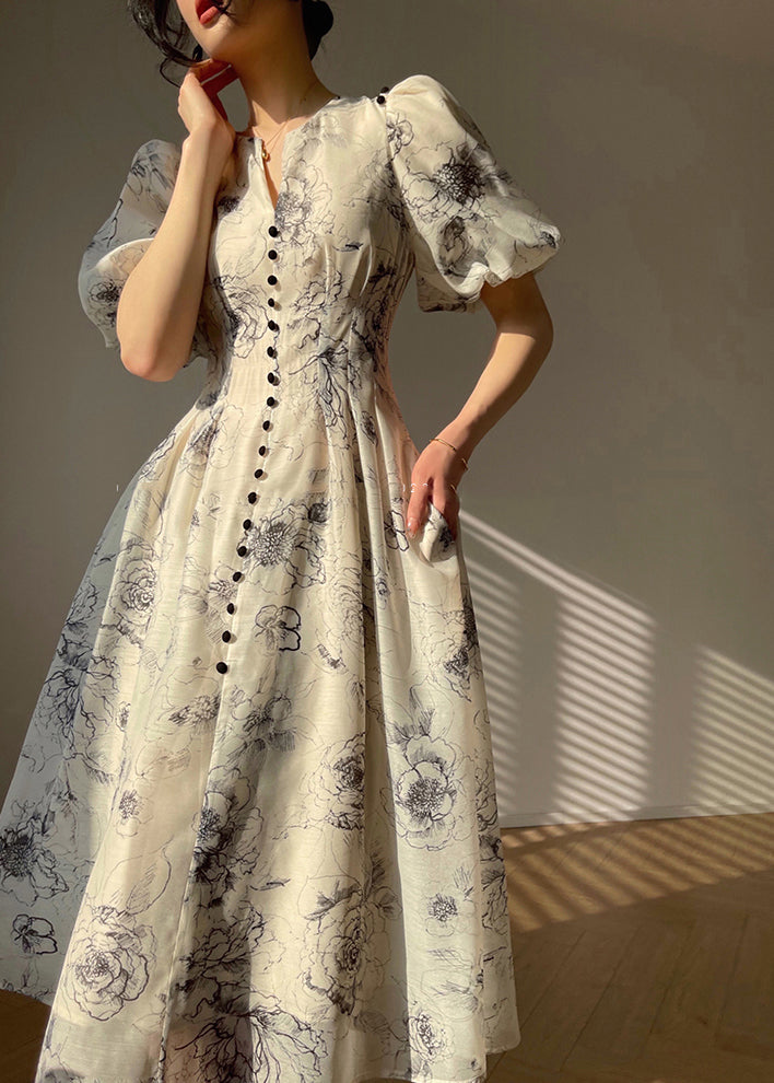 V-Neck Puff Shoulder Button Front Toile Floral Pocket Fit Flare Midi Dress