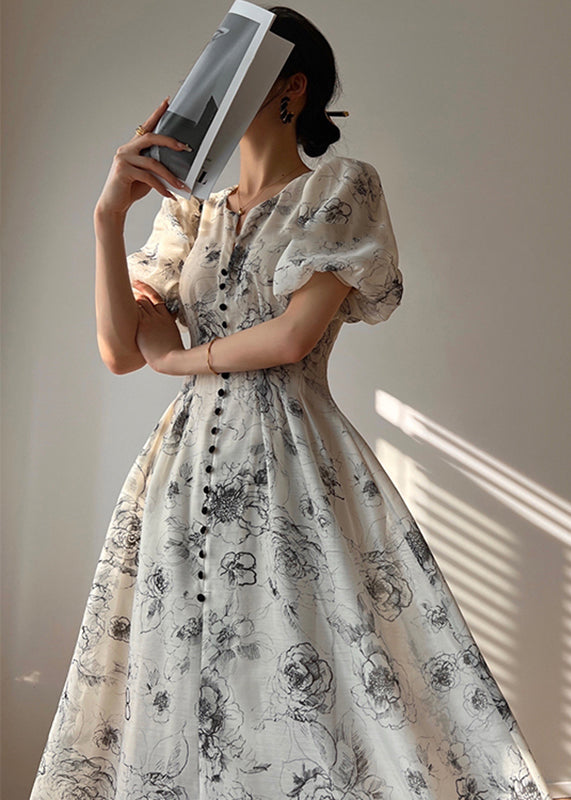 V-Neck Puff Shoulder Button Front Toile Floral Pocket Fit Flare Midi Dress 2