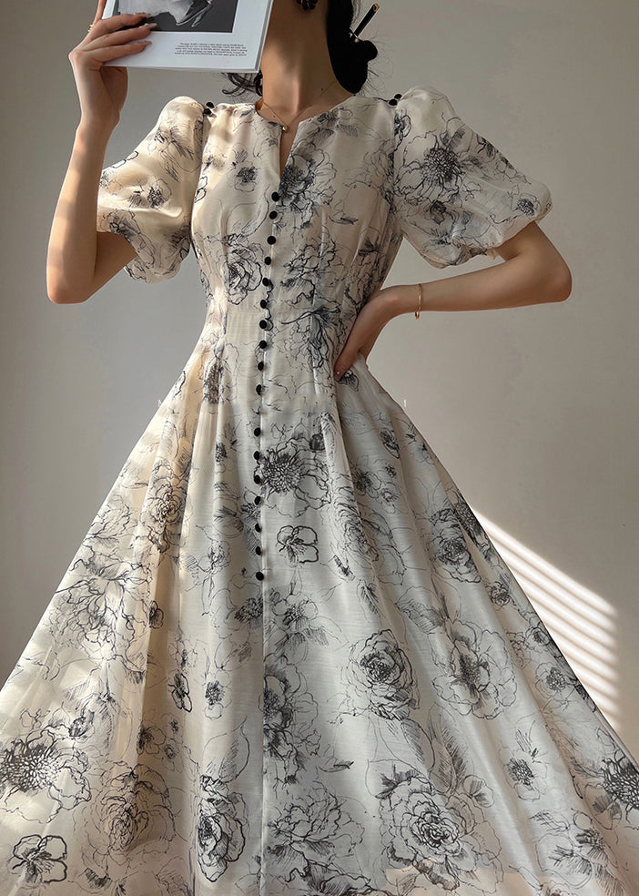 V-Neck Puff Shoulder Button Front Toile Floral Pocket Fit Flare Midi Dress 3