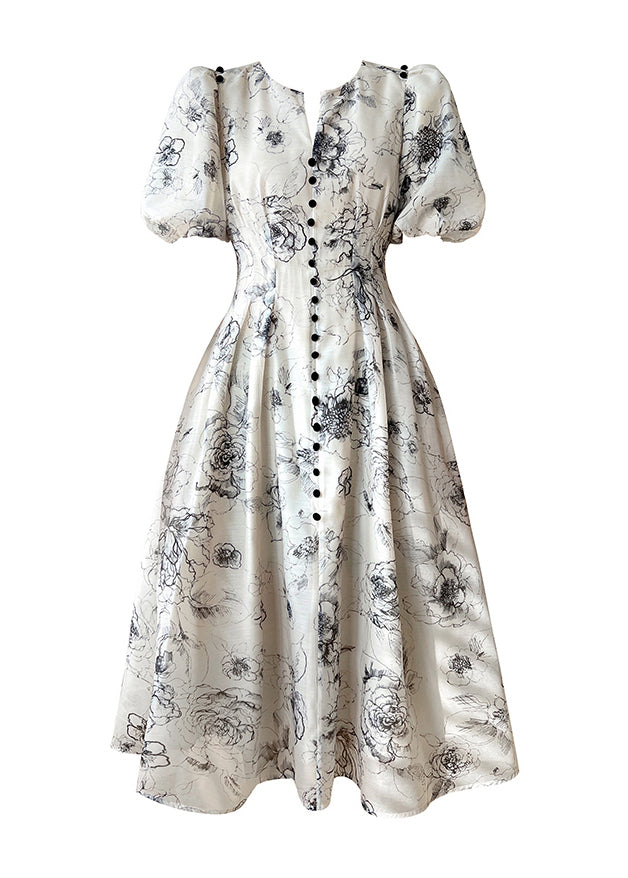 V-Neck Puff Shoulder Button Front Toile Floral Pocket Fit Flare Midi Dress 5