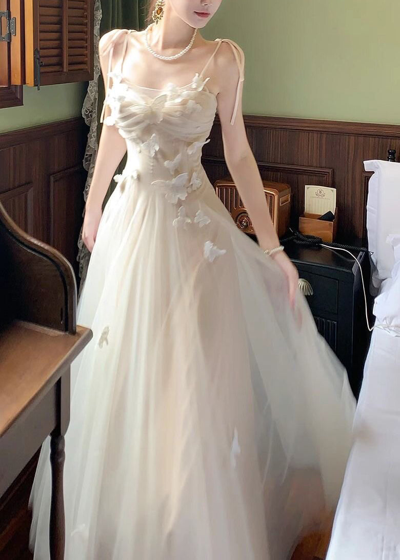 Butterfly Applique Ruched Tie Strap Tulle Maxi Dress 2
