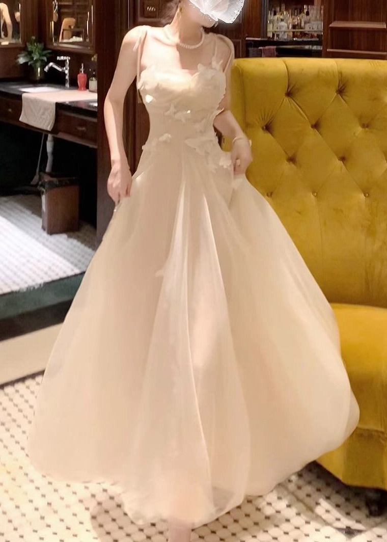 Butterfly Applique Ruched Tie Strap Tulle Maxi Dress 3