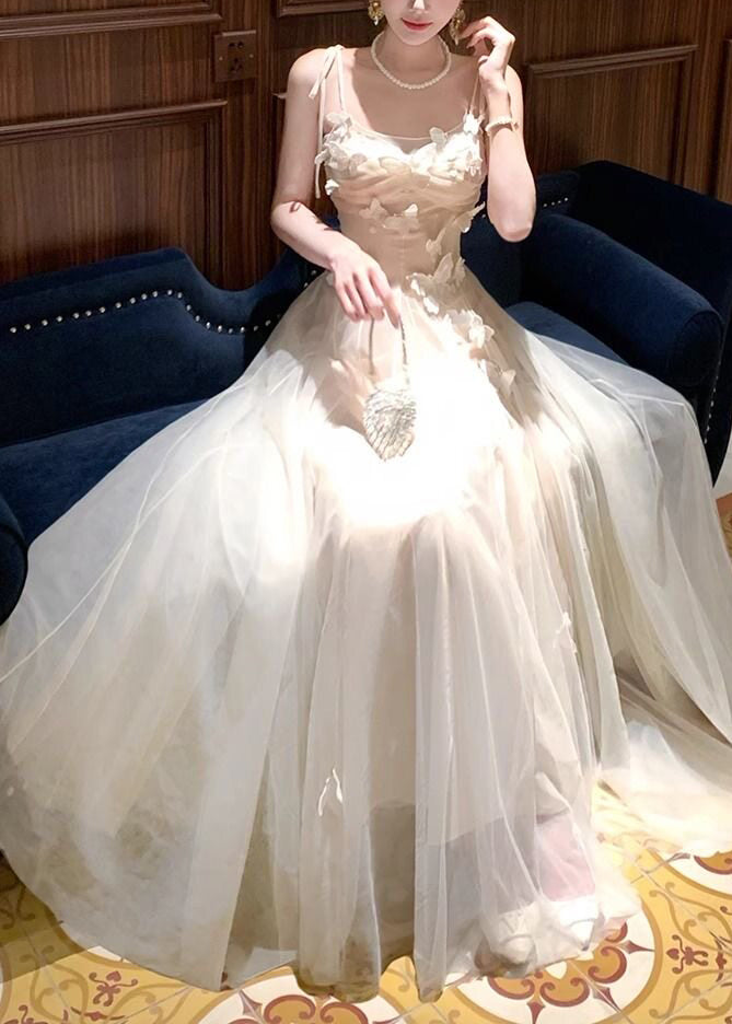 Butterfly Applique Ruched Tie Strap Tulle Maxi Dress 4