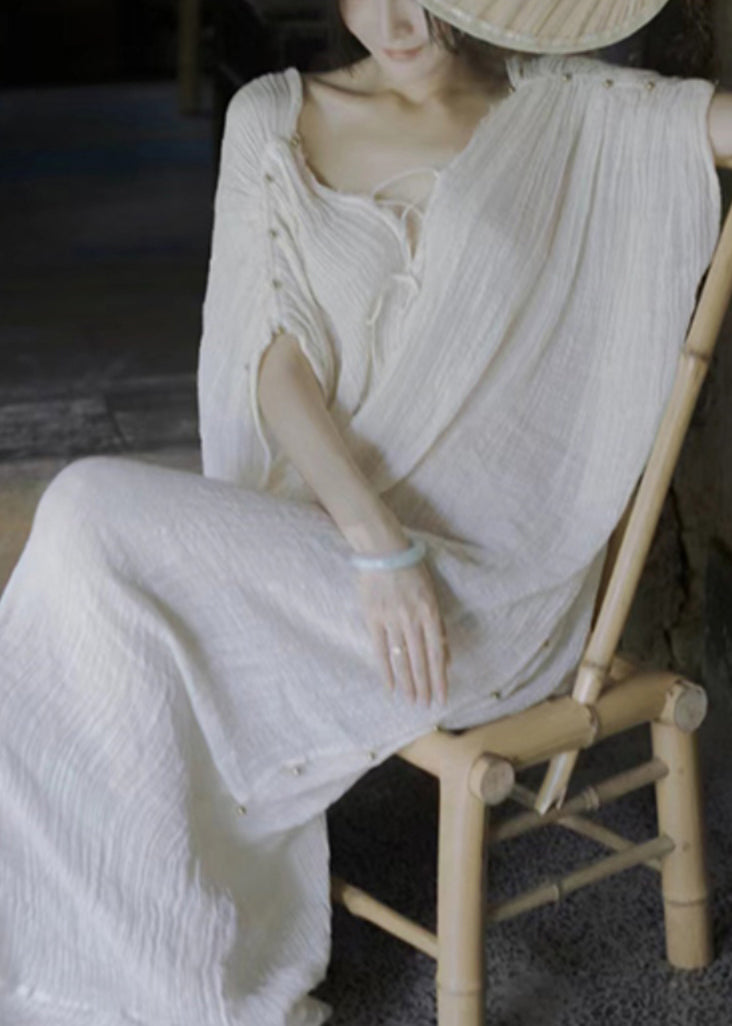 Open Back V-Neck Crinkle Gauze Oversized Maxi Dress 2
