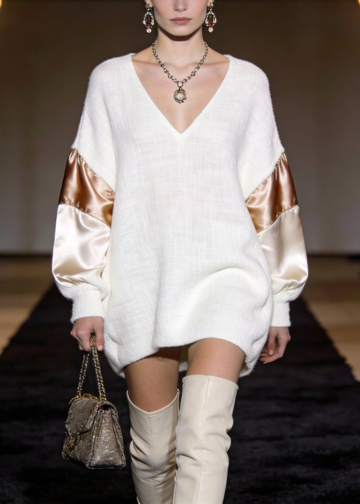 Deep V-Neck Contrast Metallic Panel Puff Sleeve Textured Mini Dress