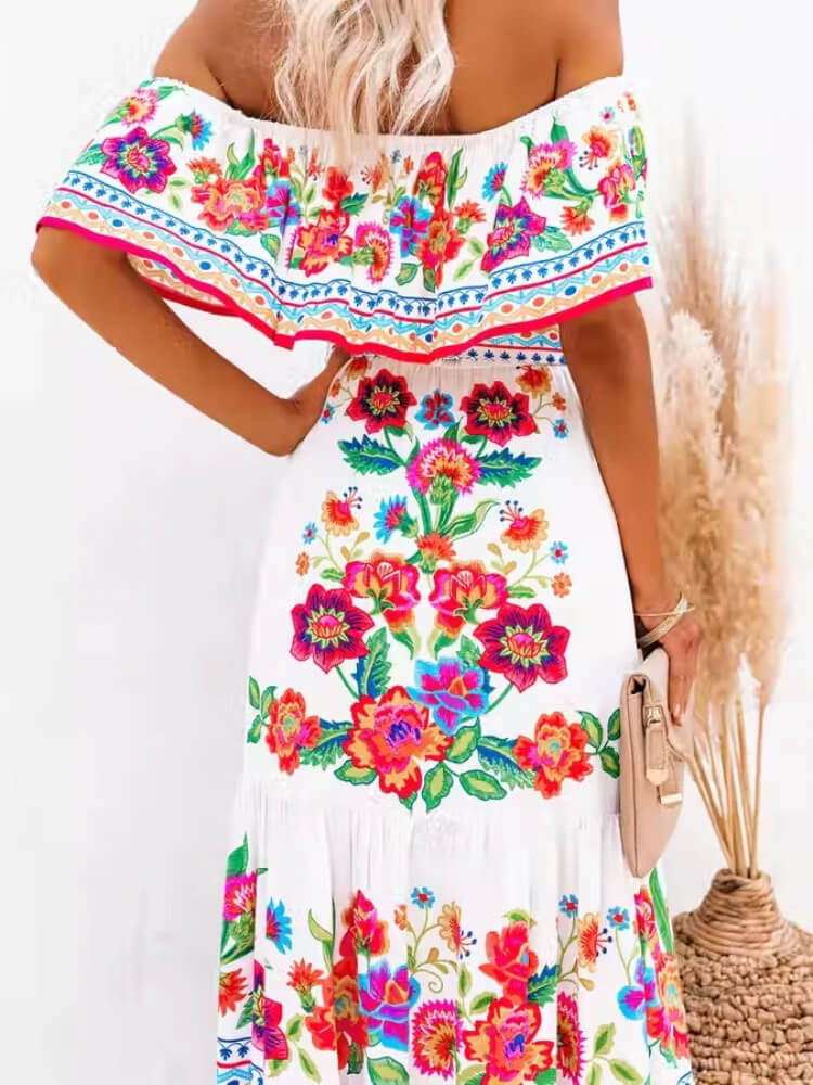 Off Shoulder Ruffle Trim Belted Tiered Floral Print Maxi Dress 6