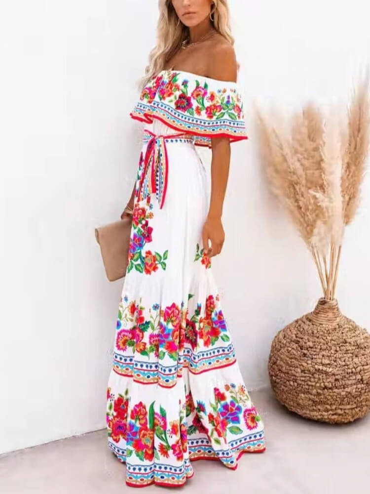 Off Shoulder Ruffle Trim Belted Tiered Floral Print Maxi Dress 3
