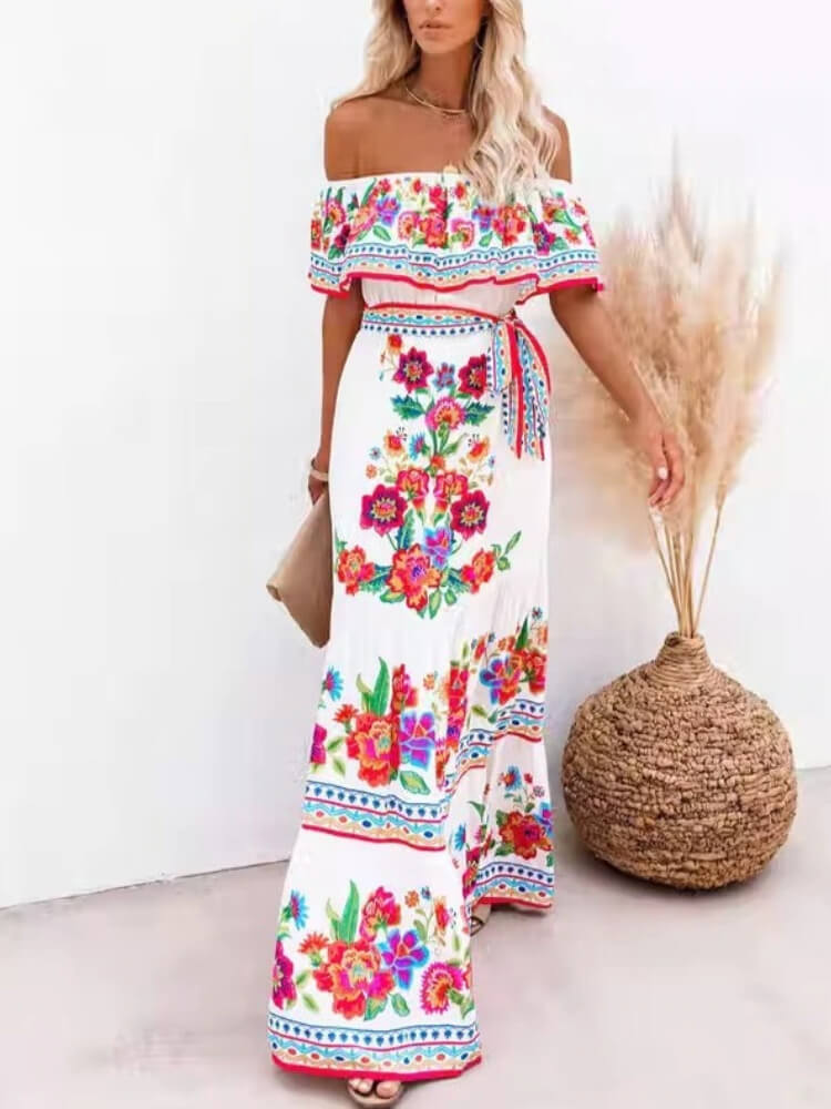 Off Shoulder Ruffle Trim Belted Tiered Floral Print Maxi Dress 2
