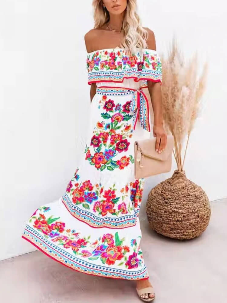 Off Shoulder Ruffle Trim Belted Tiered Floral Print Maxi Dress 4