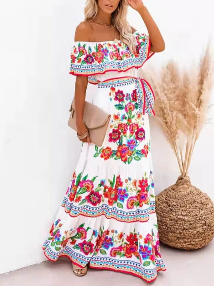 Off Shoulder Ruffle Trim Belted Tiered Floral Print Maxi Dress 5
