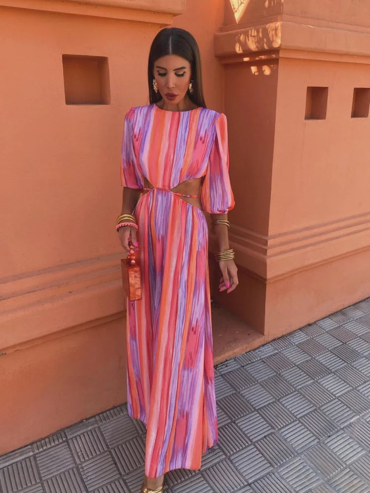 Round Neck Puff Sleeve Side Cutout Vertical Stripe Maxi Dress 2