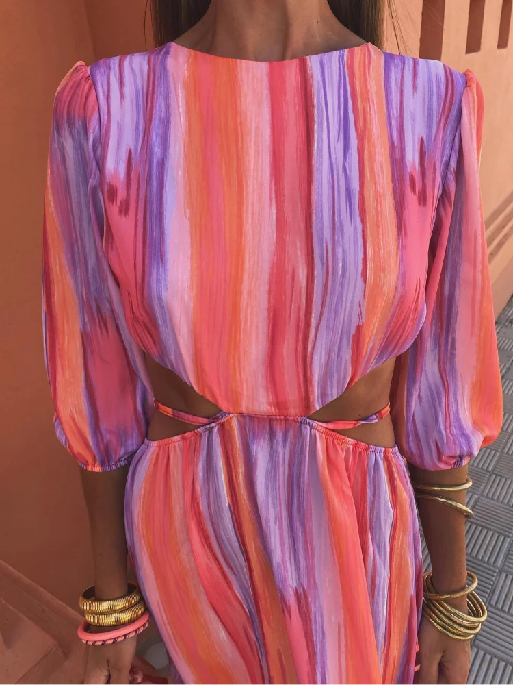 Round Neck Puff Sleeve Side Cutout Vertical Stripe Maxi Dress 4