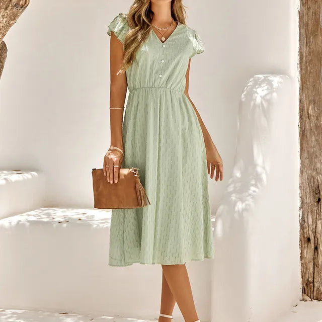 Swiss Dot V-Neck Button Front Flutter Sleeve Shirred Waist Midi Dress 3