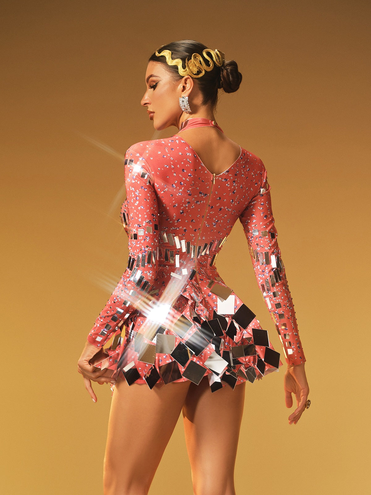 Mock Neck Illusion Sweetheart Mesh Long Sleeve Mirror Tile Flared Mini Dress 6