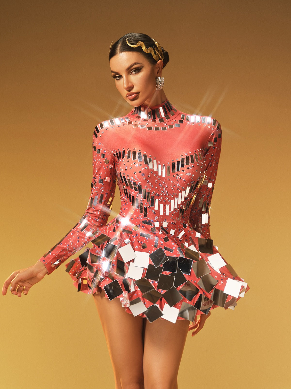 Mock Neck Illusion Sweetheart Mesh Long Sleeve Mirror Tile Flared Mini Dress 3