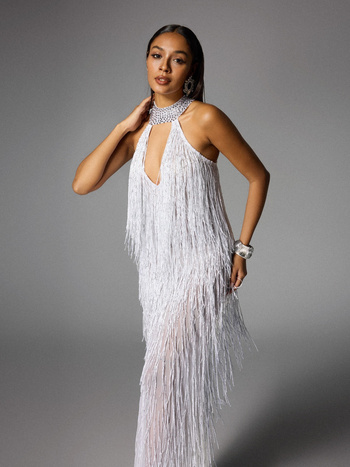 Halter Rhinestone Choker Keyhole Fringe High Slit Maxi Dress 5