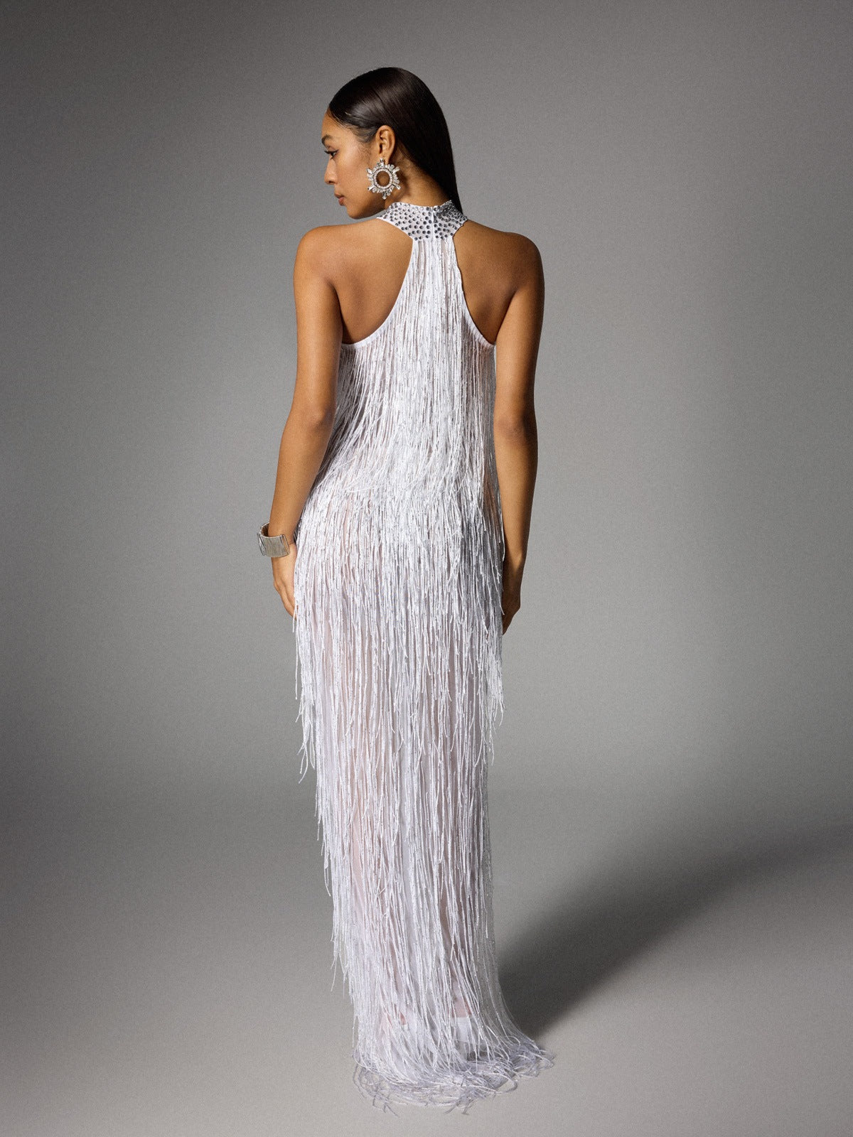 Halter Rhinestone Choker Keyhole Fringe High Slit Maxi Dress 6