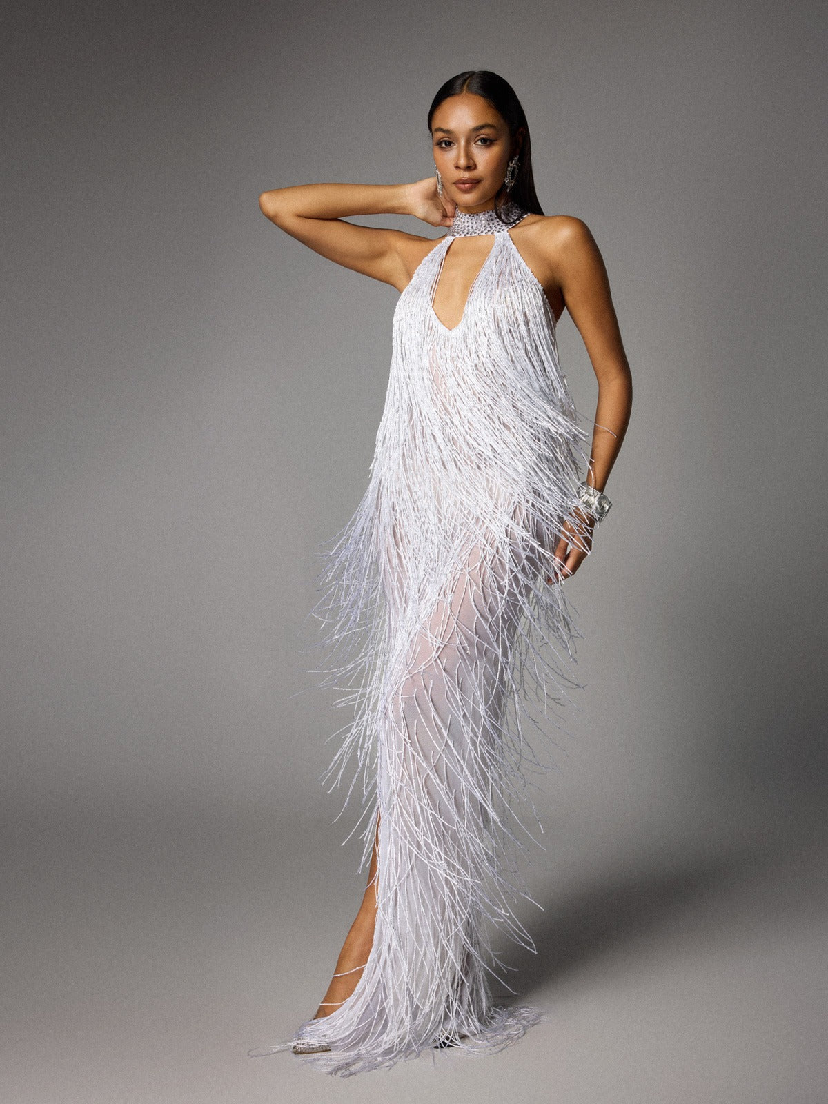 Halter Rhinestone Choker Keyhole Fringe High Slit Maxi Dress 3