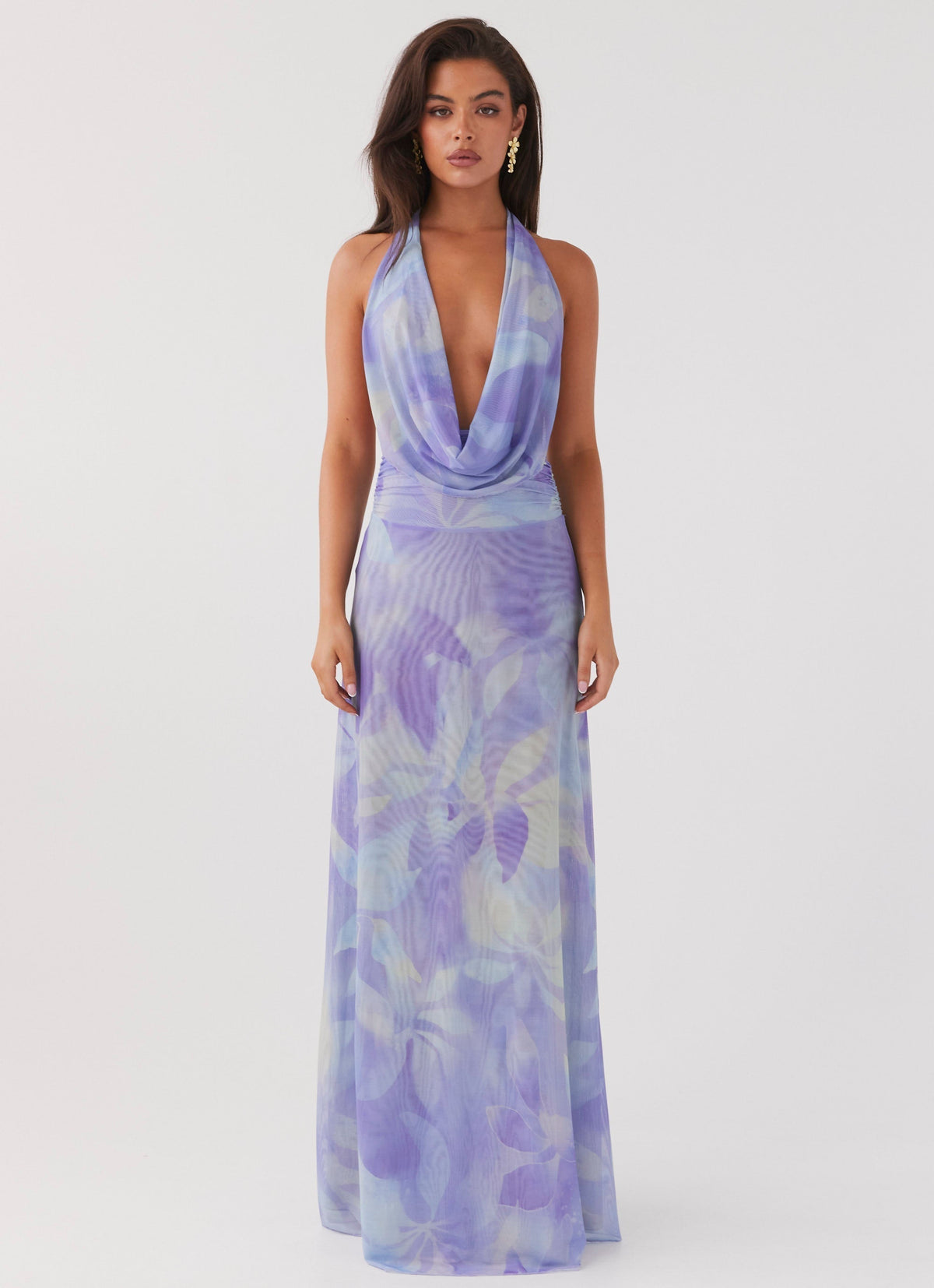 Abstract Print Halter Cowl Neck Plunge Maxi Dress