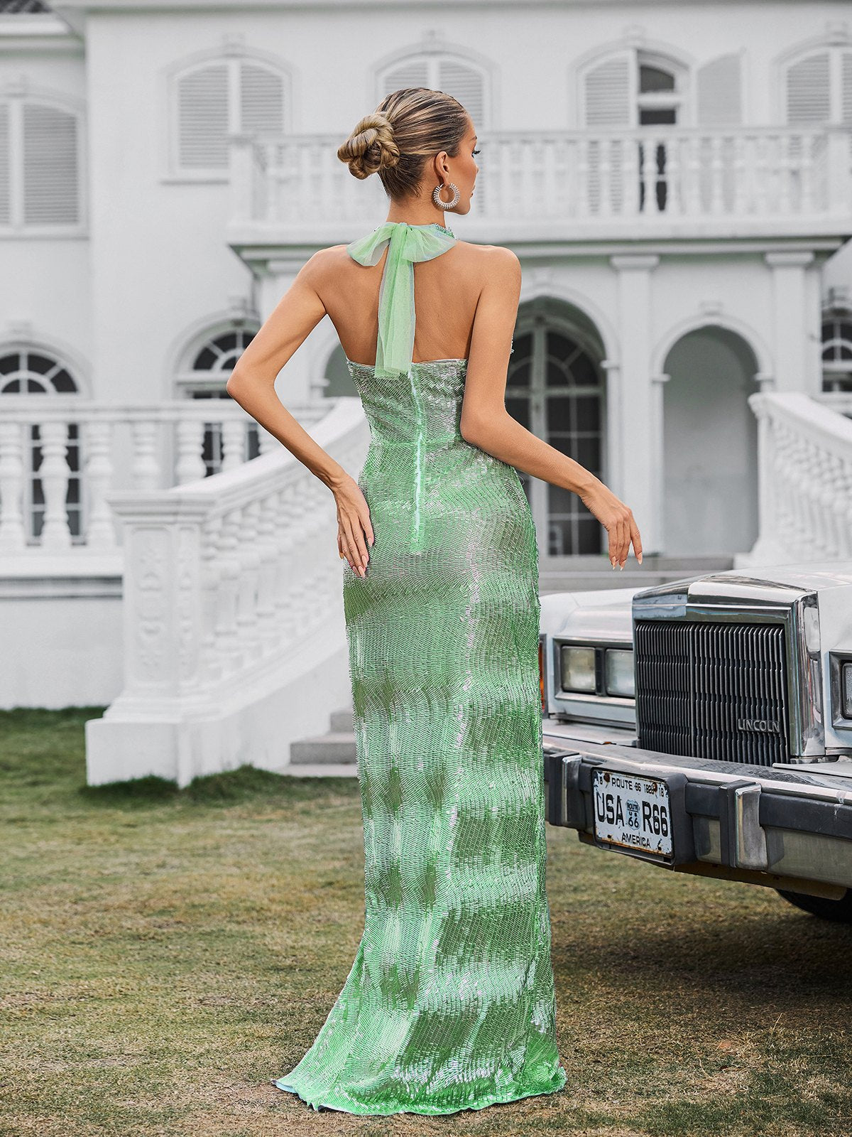 Halter Plunge Shimmer Ribbed Side Slit Maxi Dress 6