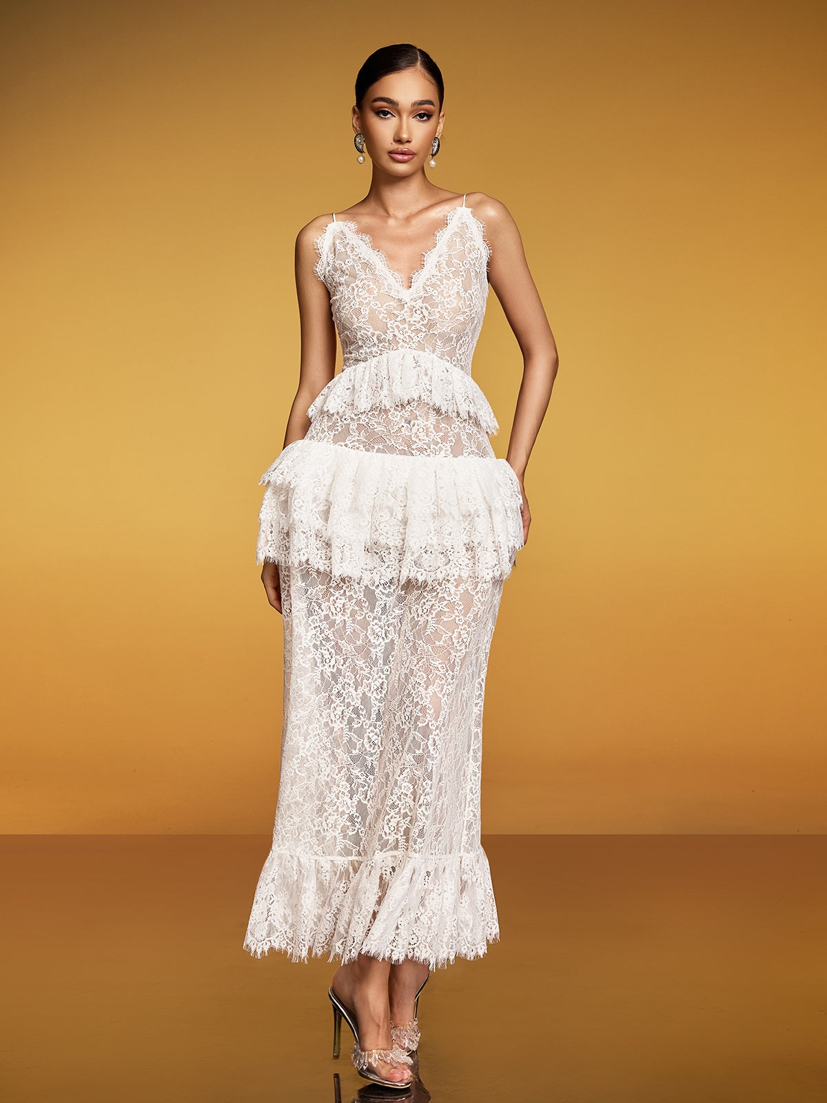 Deep V Neck Spaghetti Strap Tiered Ruffle Lace Peplum Scalloped Hem Maxi Dress