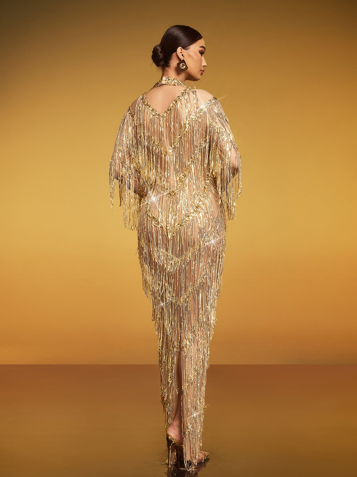 Mock Neck Cold Shoulder Chevron Metallic Fringe Sequin Long Sleeve Maxi Gown 6