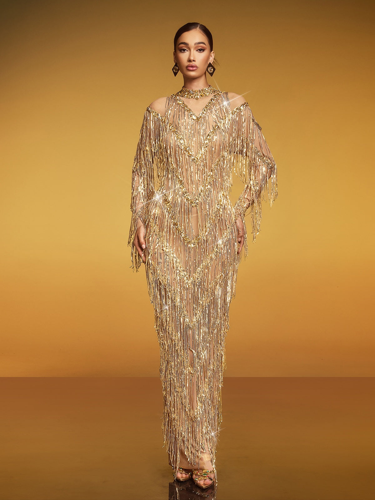 Mock Neck Cold Shoulder Chevron Metallic Fringe Sequin Long Sleeve Maxi Gown