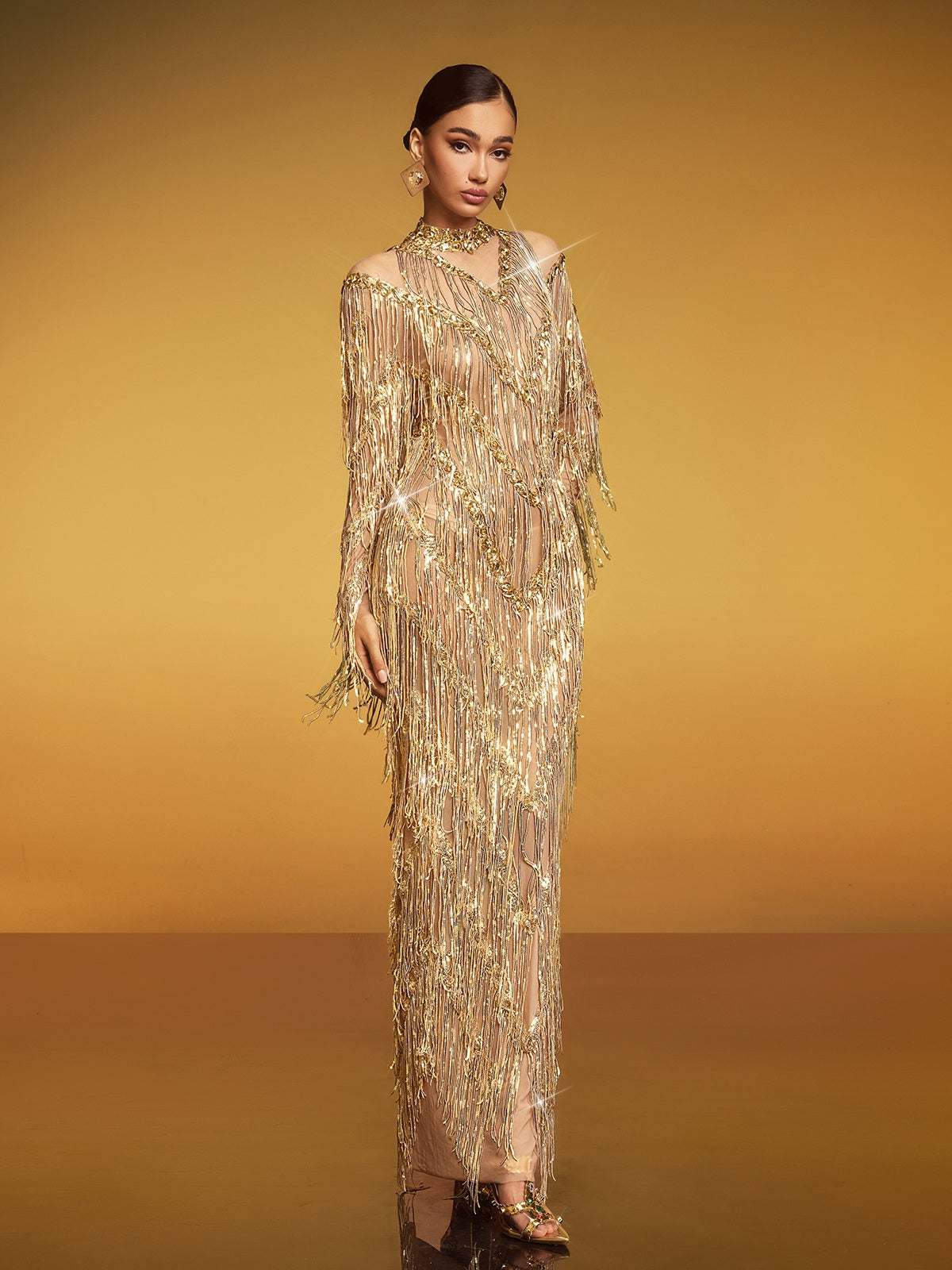 Mock Neck Cold Shoulder Chevron Metallic Fringe Sequin Long Sleeve Maxi Gown 4