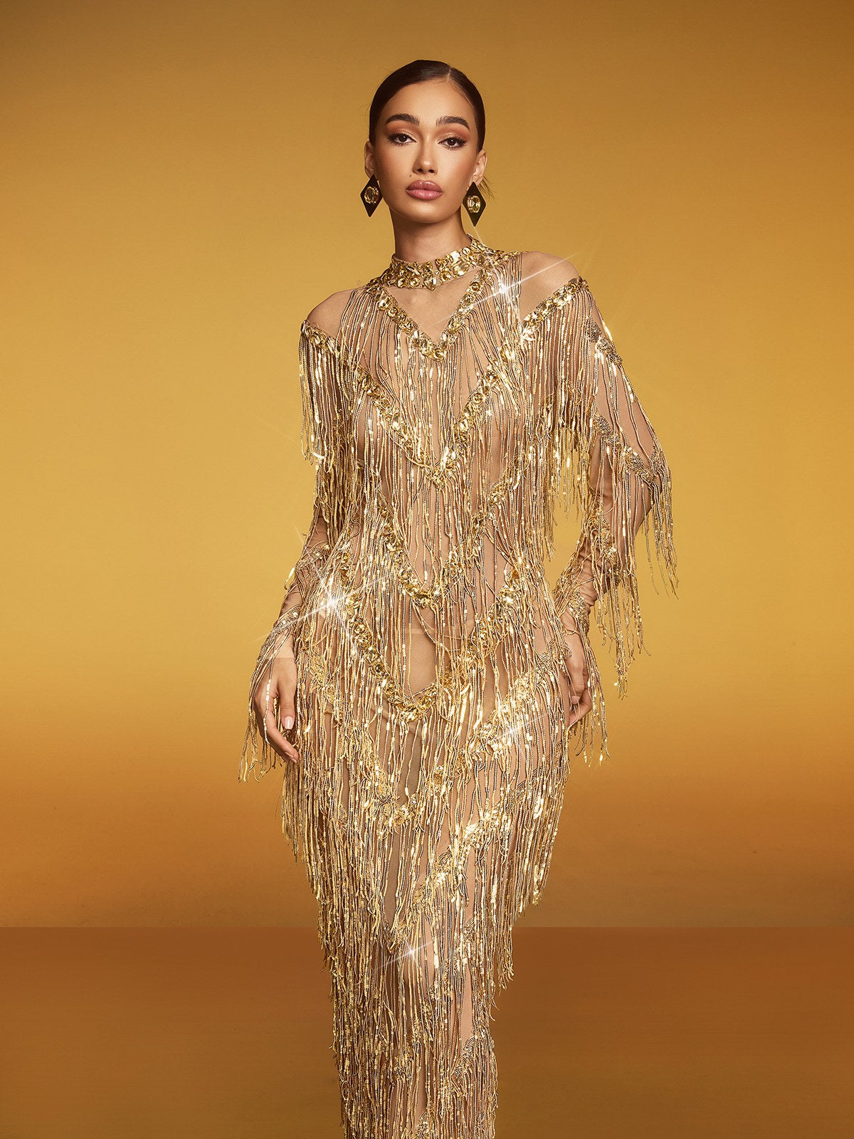 Mock Neck Cold Shoulder Chevron Metallic Fringe Sequin Long Sleeve Maxi Gown 5