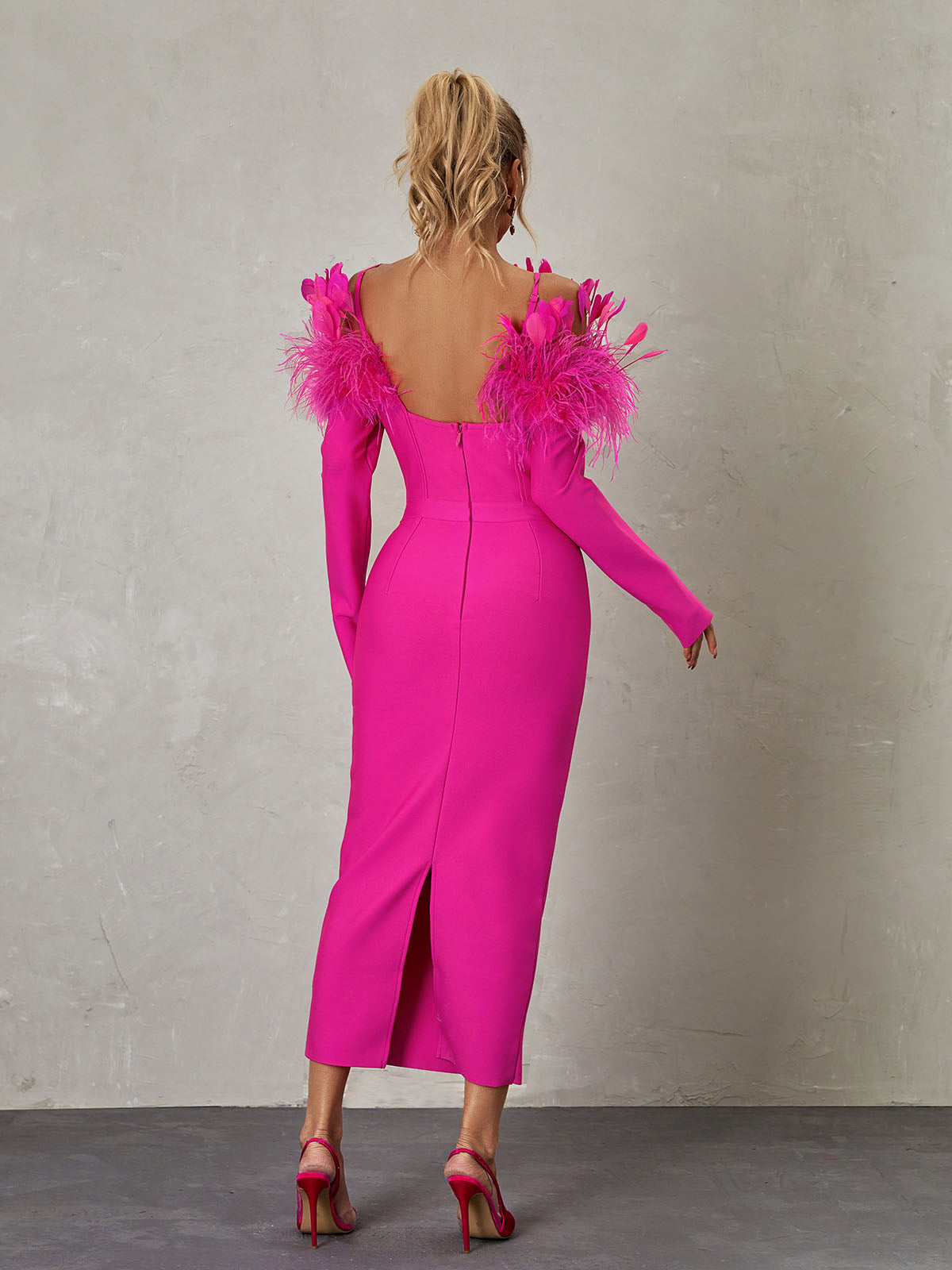 Off Shoulder Long Sleeve Feather Trim Bandage Mini Dress 5