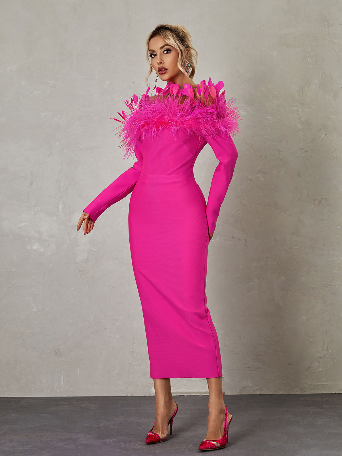 Off Shoulder Long Sleeve Feather Trim Bandage Mini Dress 4