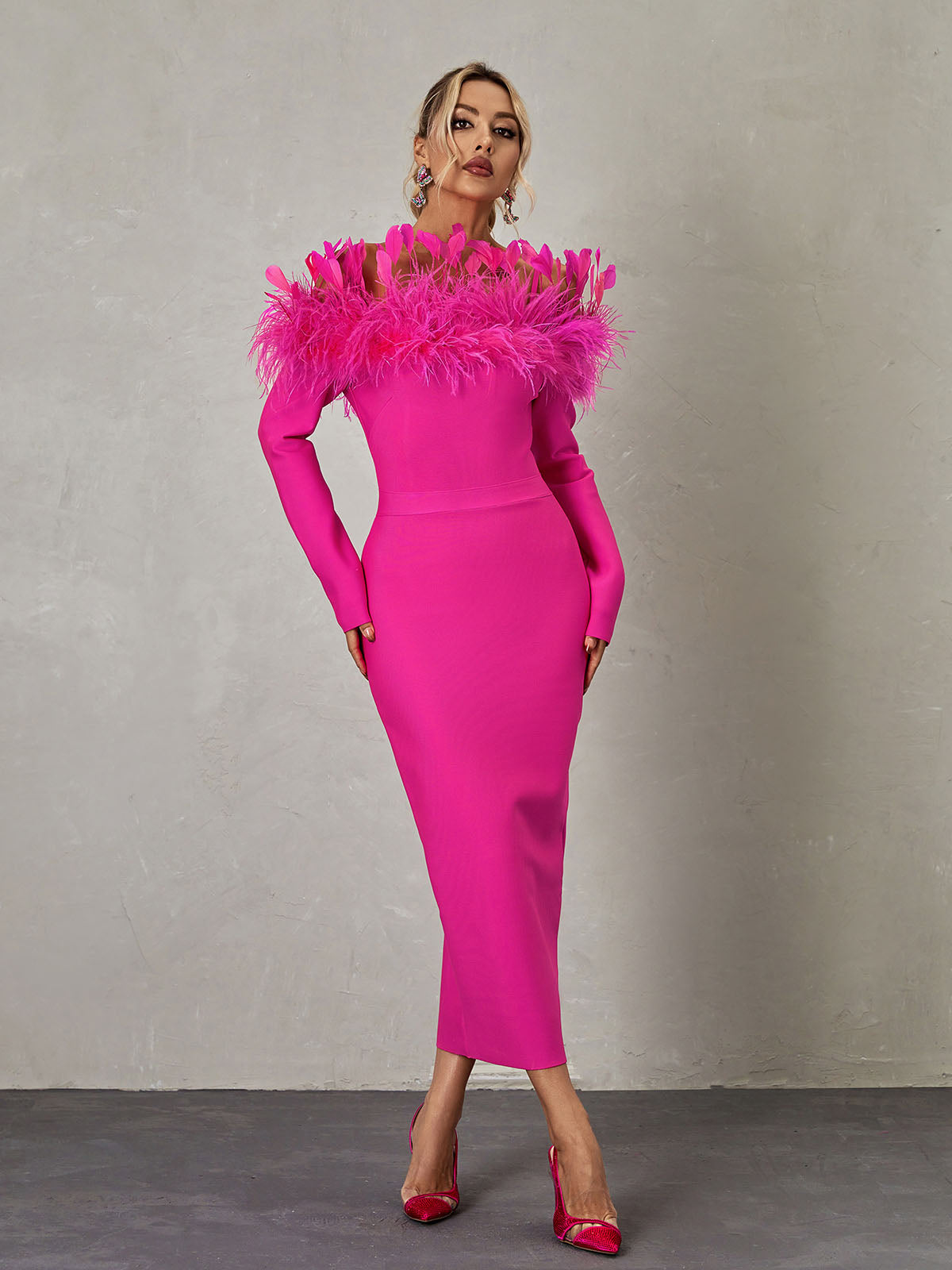 Off Shoulder Long Sleeve Feather Trim Bandage Mini Dress