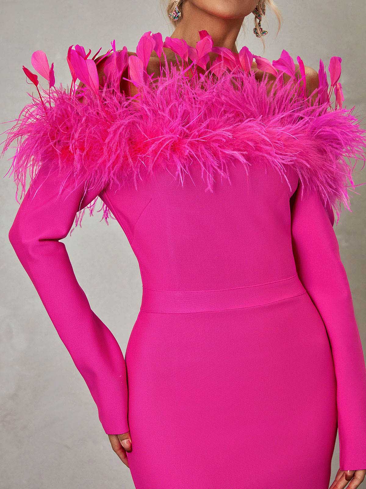 Off Shoulder Long Sleeve Feather Trim Bandage Mini Dress 3