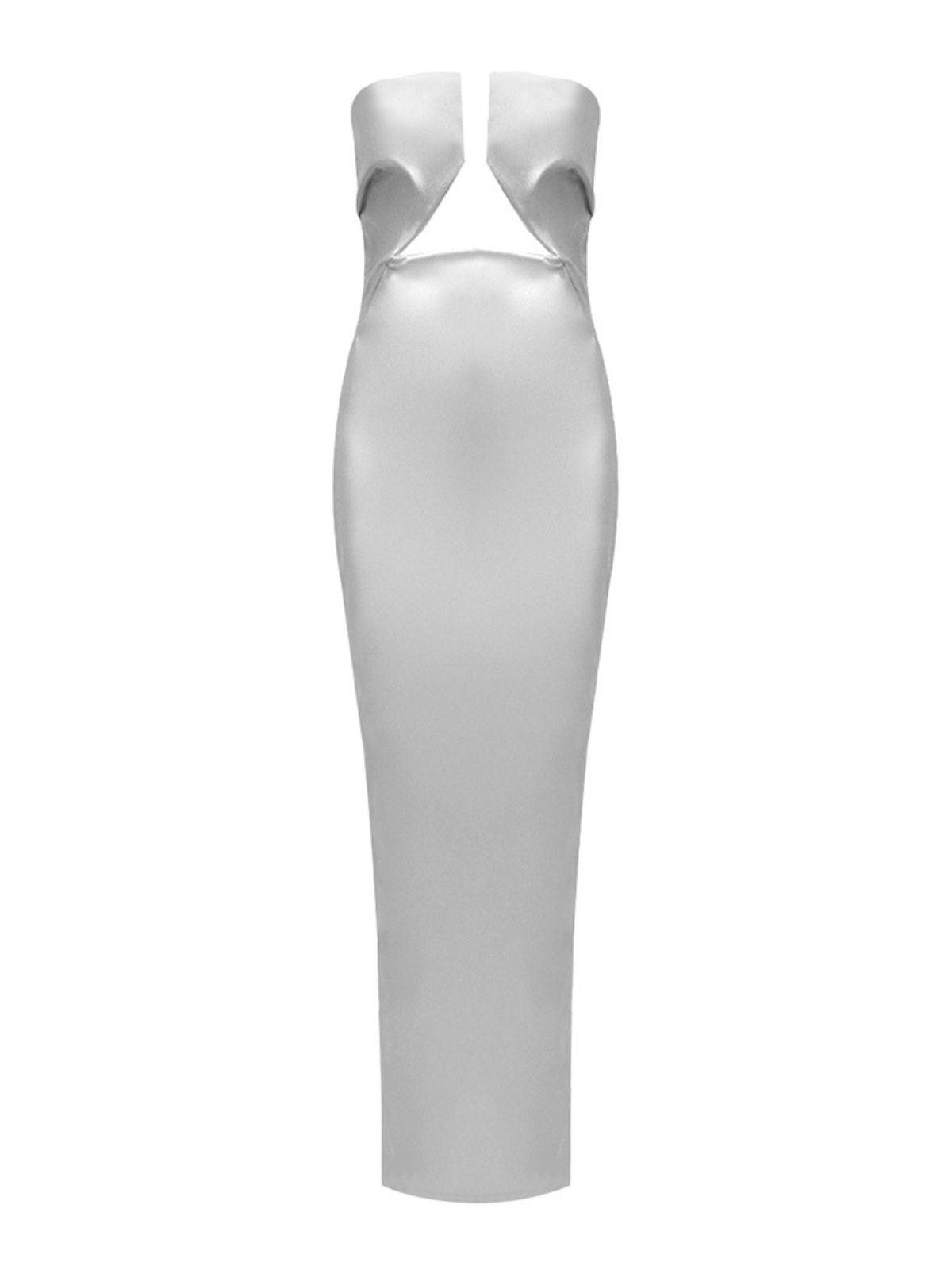 Strapless V Notch Bust Triangle Cutout Metallic Column Maxi Gown 6