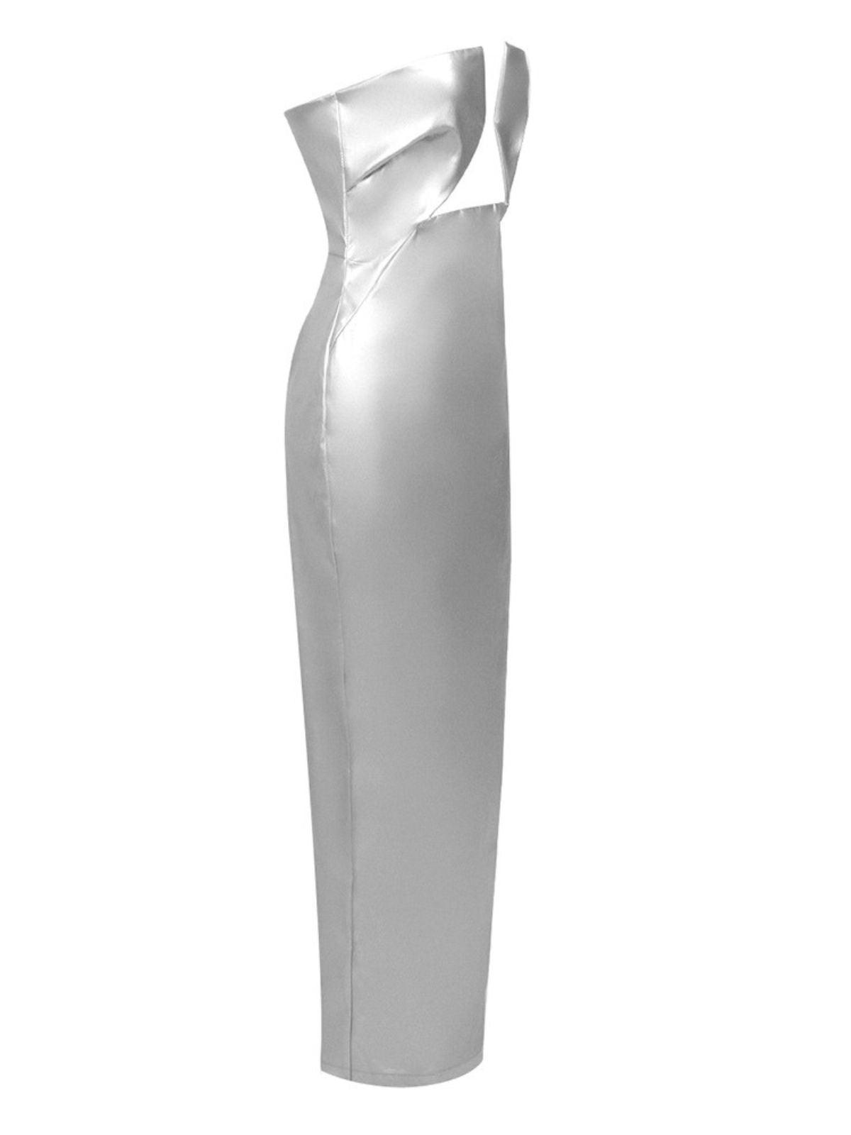 Strapless V Notch Bust Triangle Cutout Metallic Column Maxi Gown 7