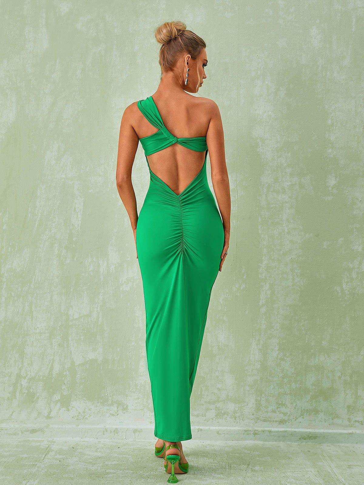 One Shoulder Open Back Ruched Center Back Column Maxi Gown
