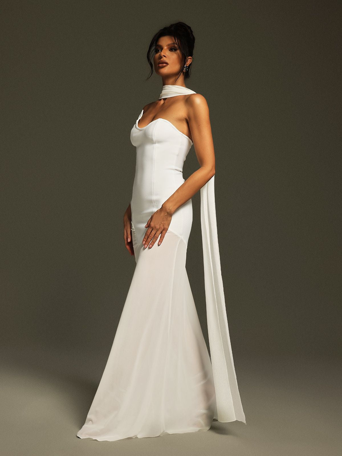 Strapless Corset Bodice Asymmetric Neckline Sheer Scarf Drape Floor Length Gown 5