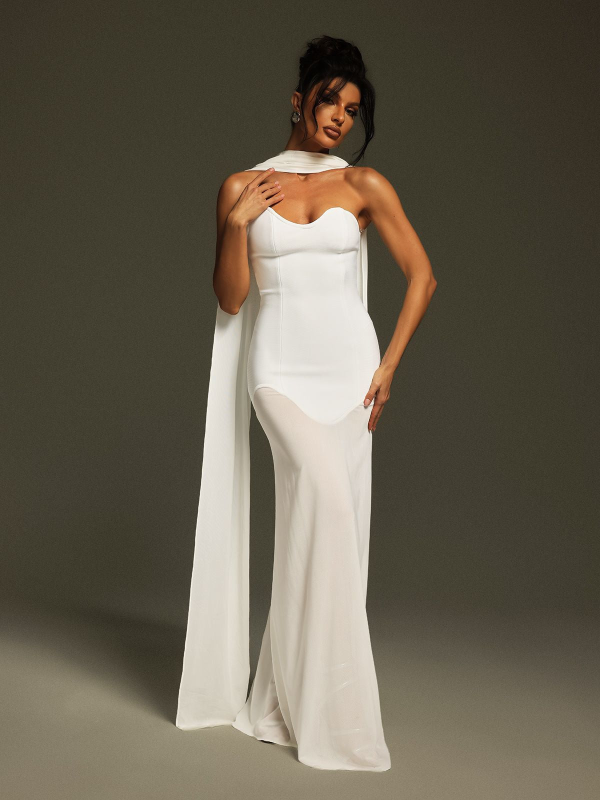 Strapless Corset Bodice Asymmetric Neckline Sheer Scarf Drape Floor Length Gown 2