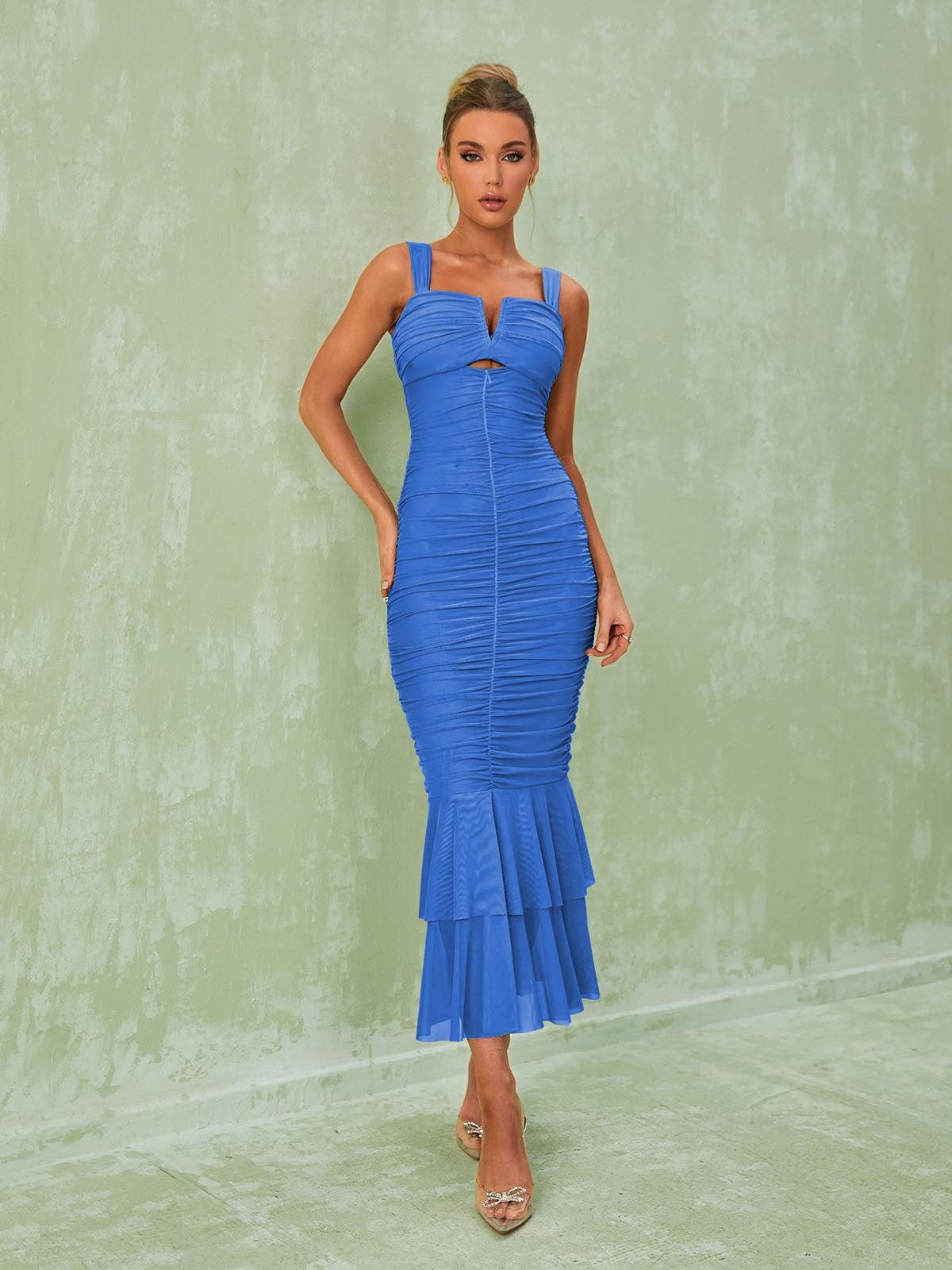 Square Neck Keyhole Cutout Ruched Mermaid Flared Hem Midi Dress