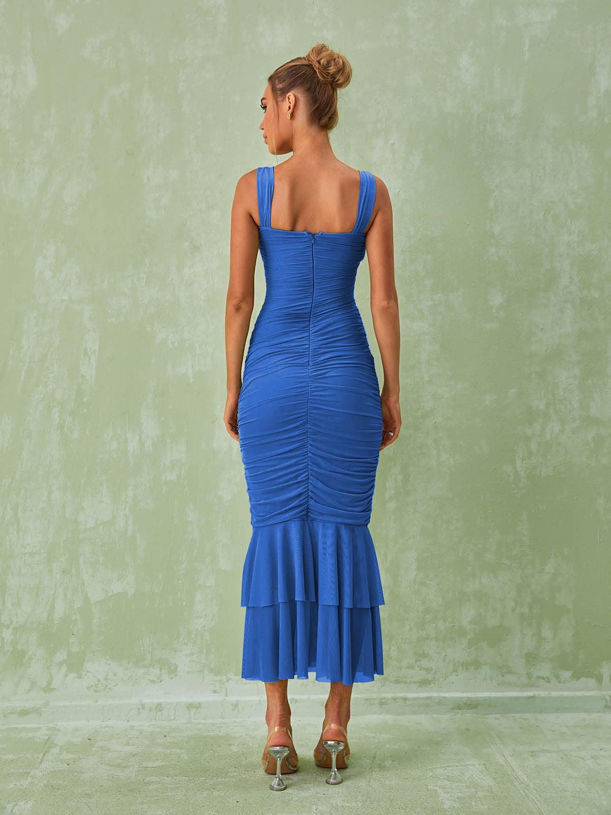 Square Neck Keyhole Cutout Ruched Mermaid Flared Hem Midi Dress 5