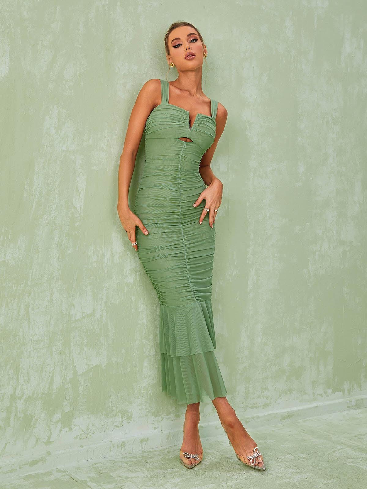 Square Neck Cutout Waist Ruched Mesh Tiered Mermaid Maxi Dress